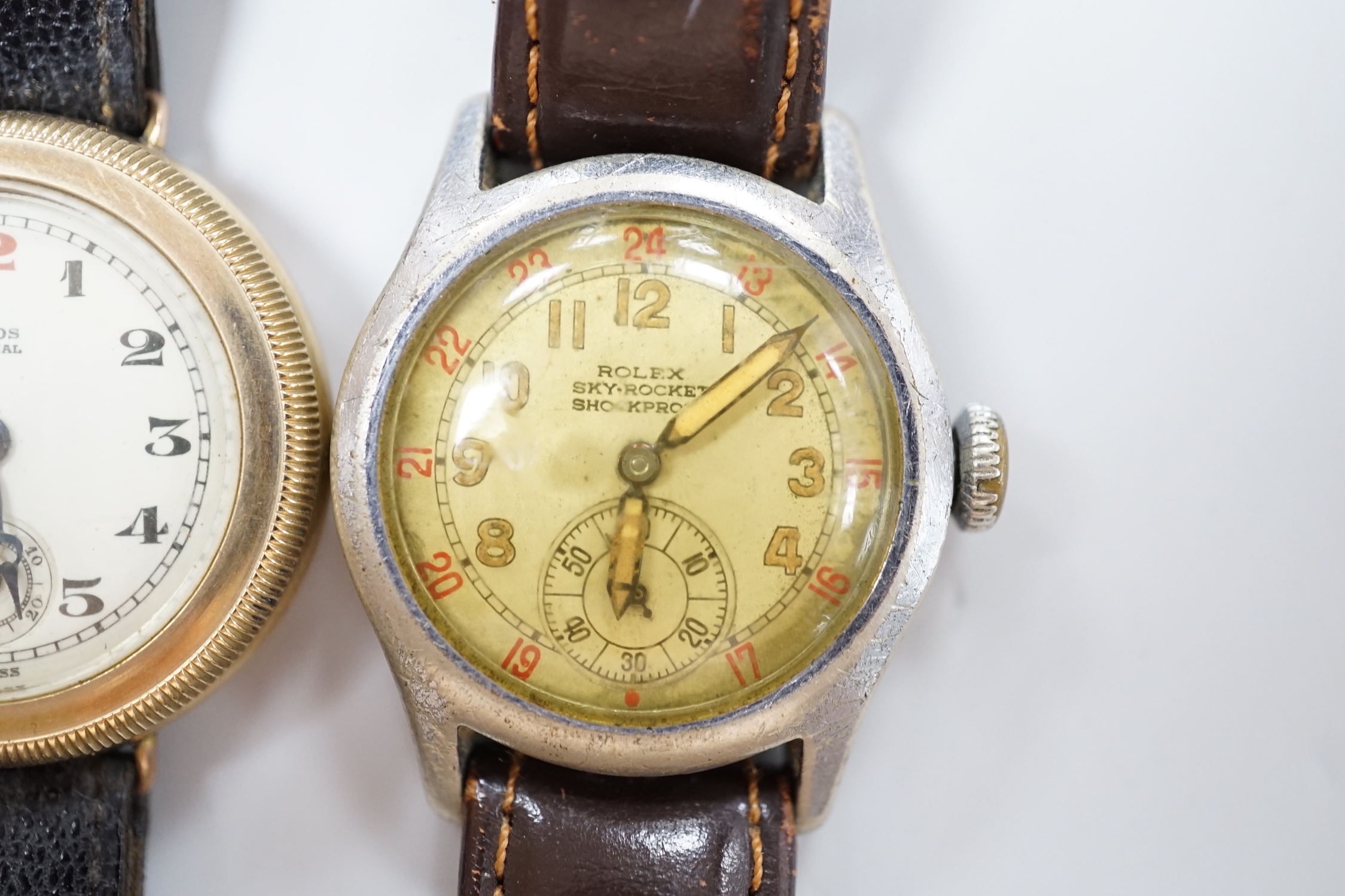 A gentleman's 1940's steel Rolex Sky Rocket Shock Proof manual wind wrist watch, case diameter 30mm and 9ct Simos Special manual wind wrist watch.
